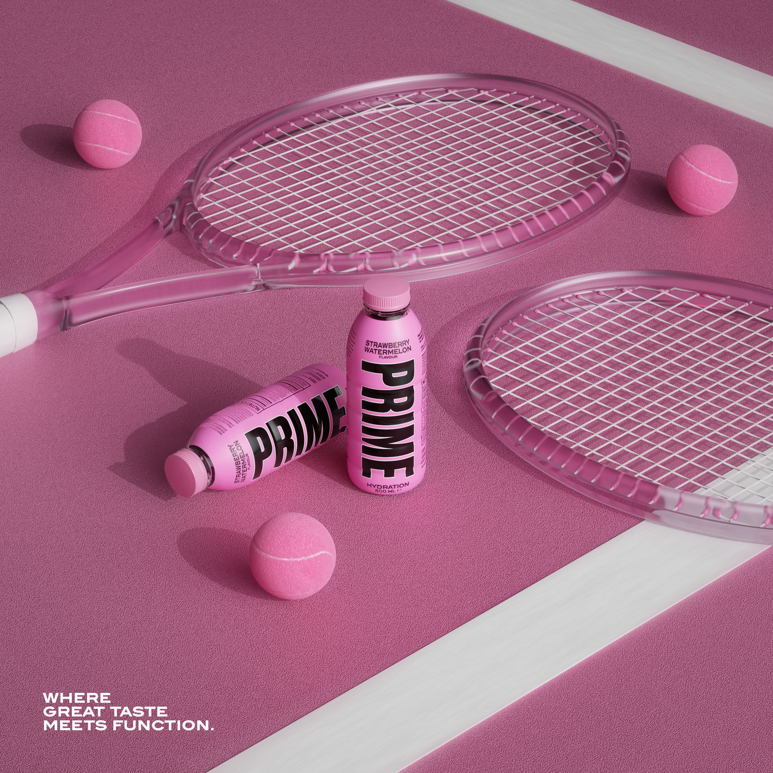 Prime Drinks Strawberry Watermelon bottles in a tennis-inspired 3D scene.