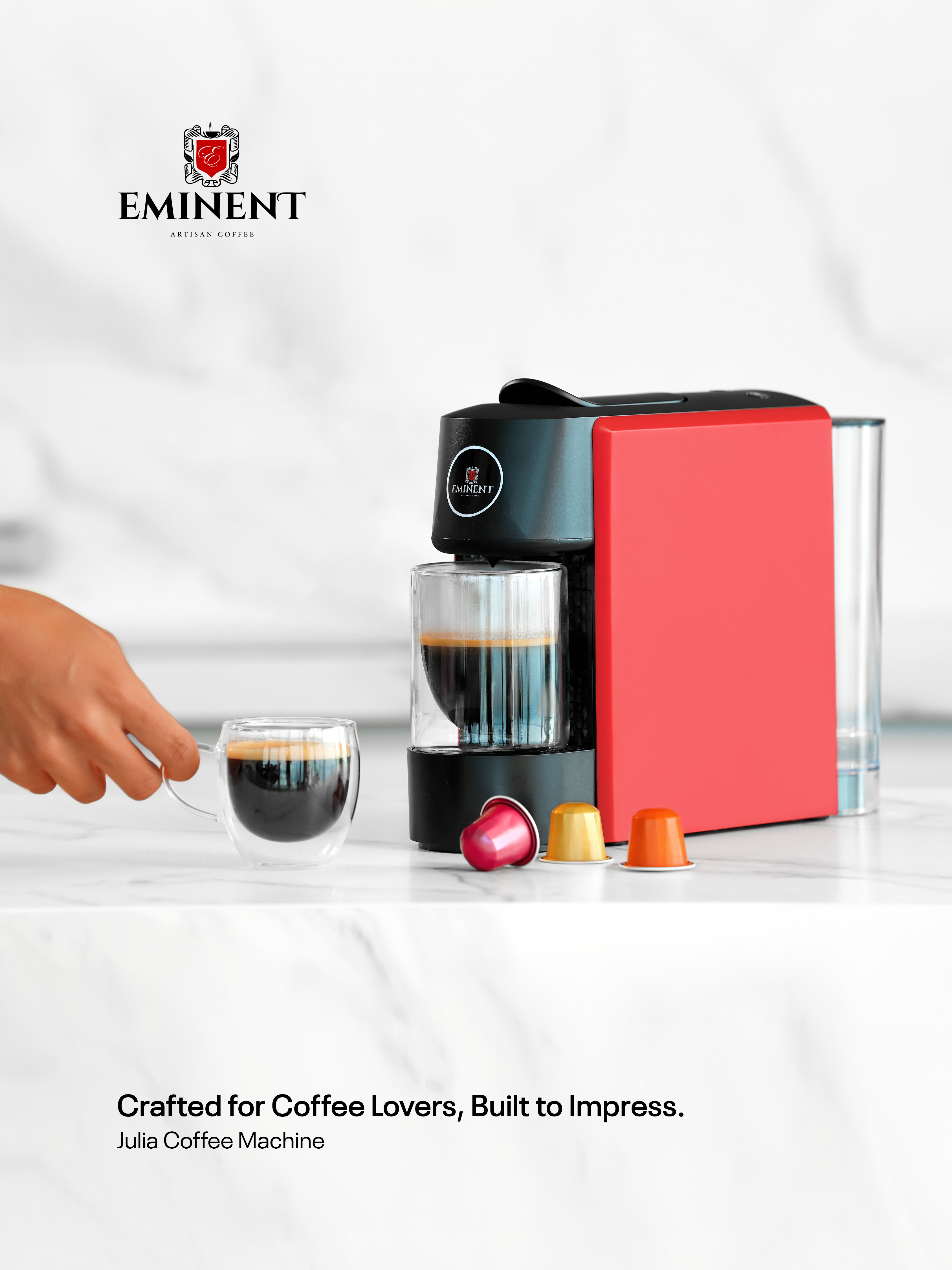 Eminent Julia coffee machine with espresso and capsules.