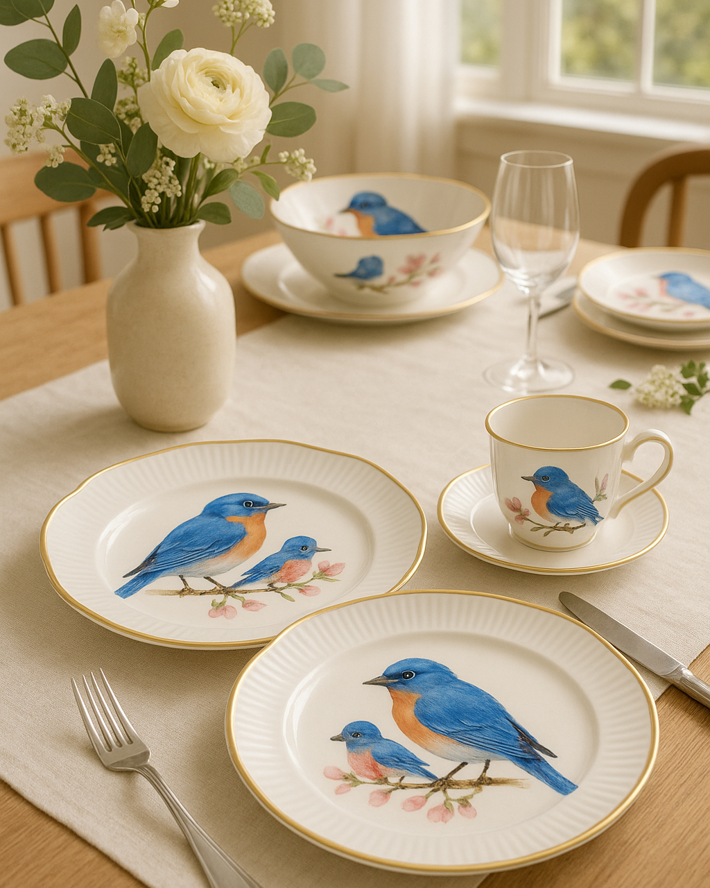 Luhpar blue bird dinnerware styled on a table.