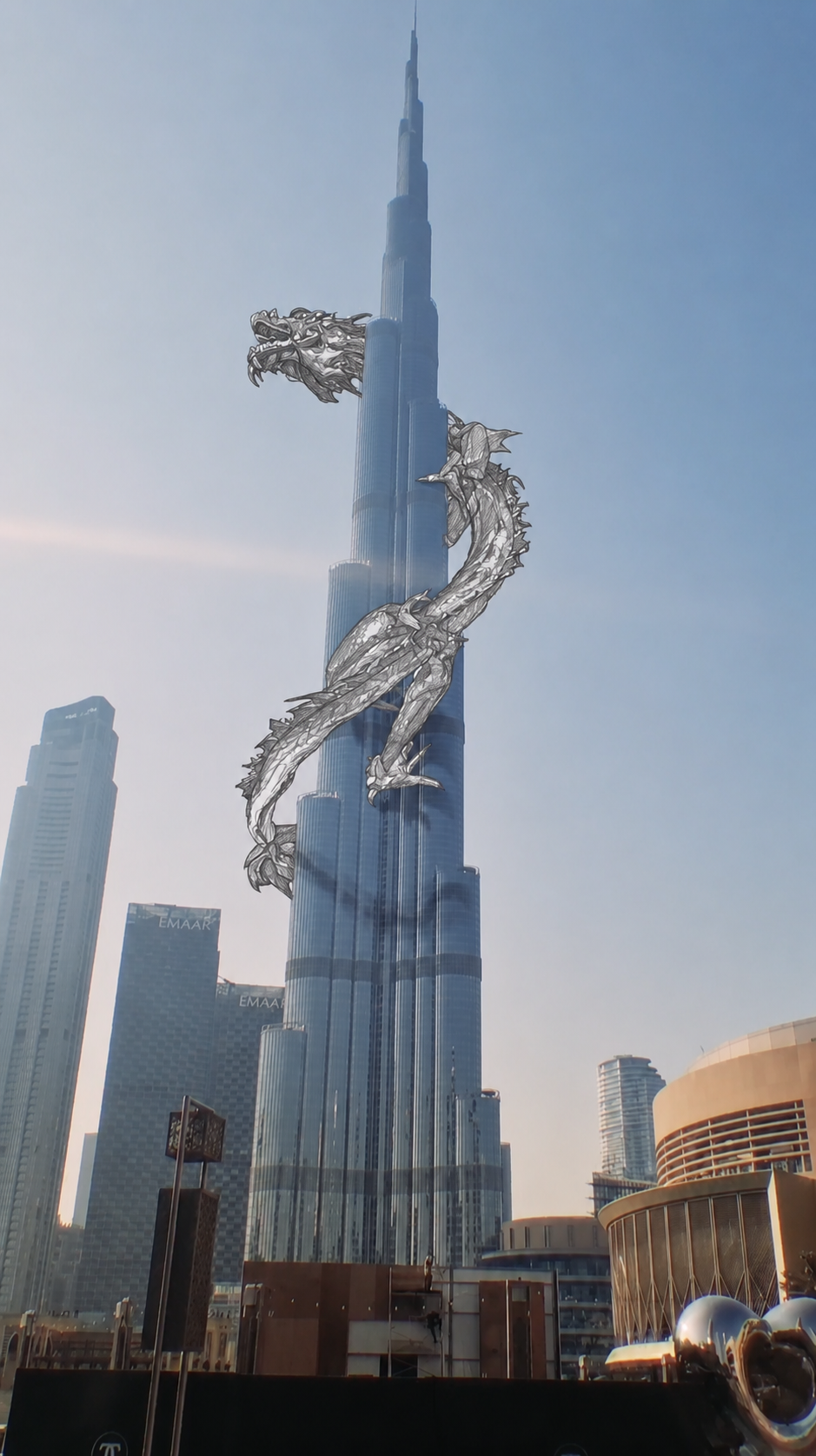 Silver CGI dragon wrapped around Burj Khalifa in Dubai.