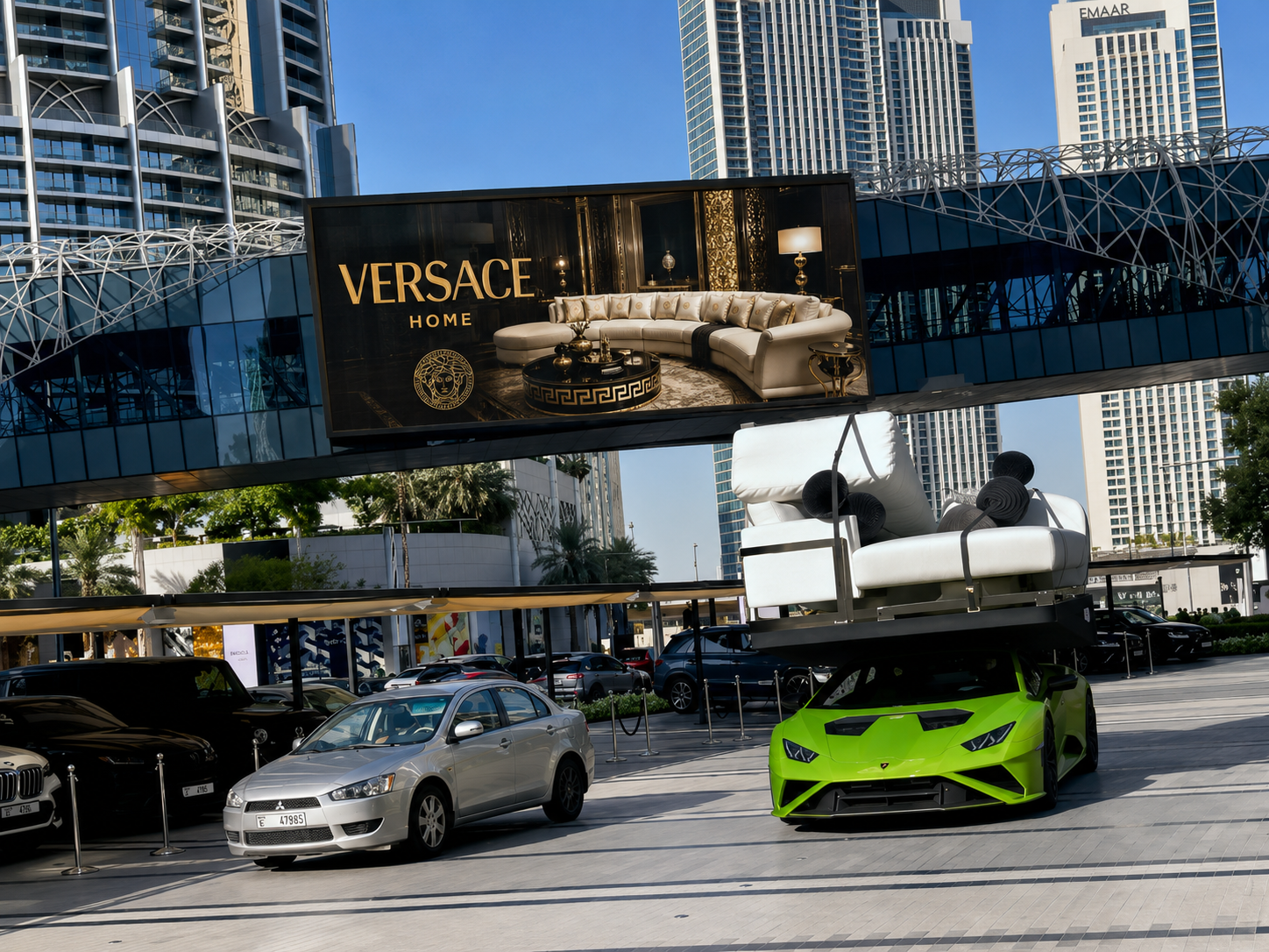 Versace Home billboard above a Lamborghini carrying furniture in Dubai.
