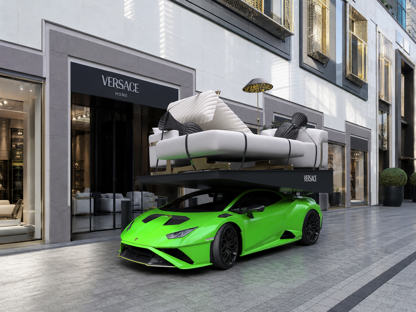 Green Lamborghini carrying Versace Home furniture outside a Versace Home storefront.