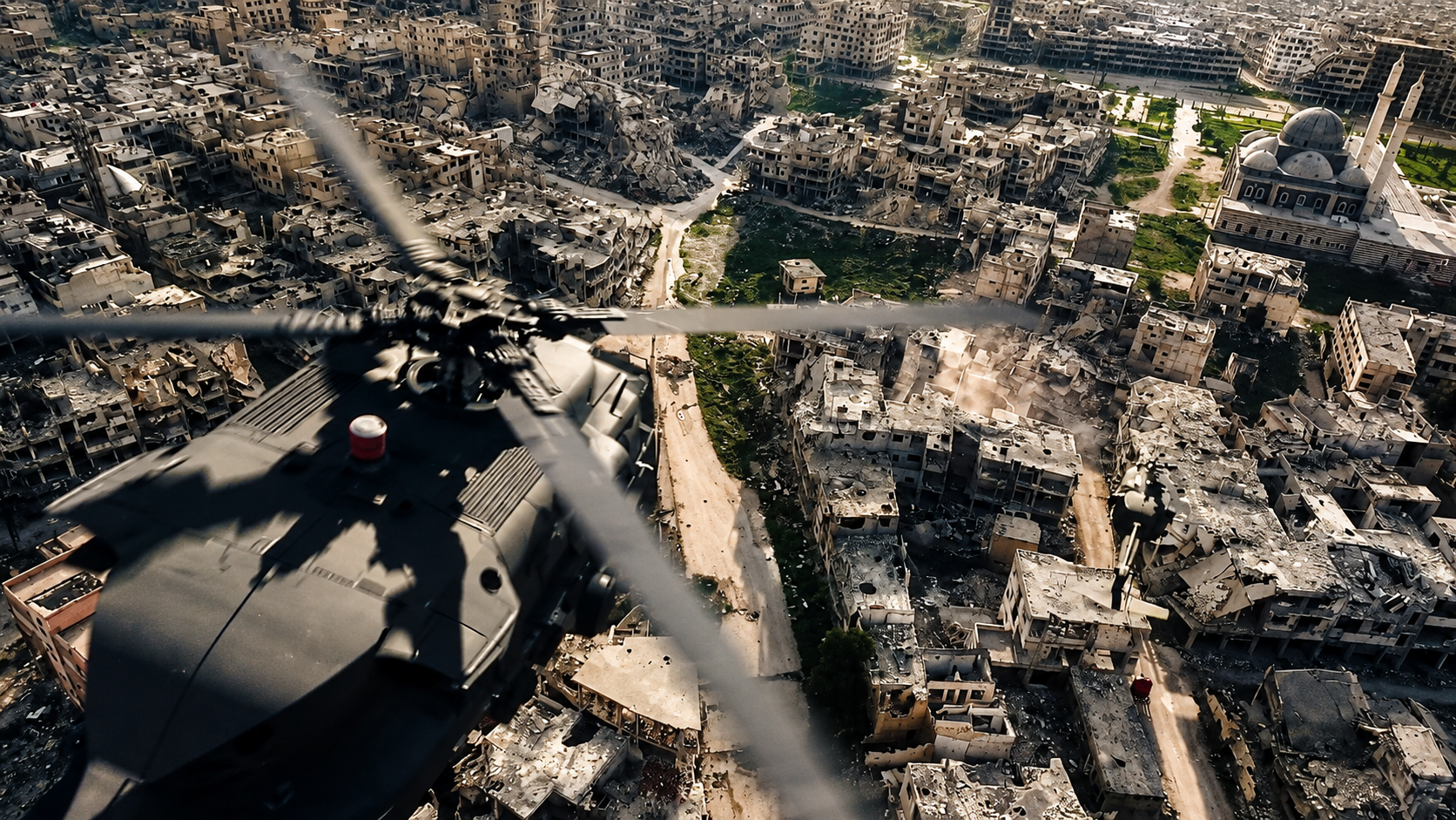 Aerial battle city VFX shot