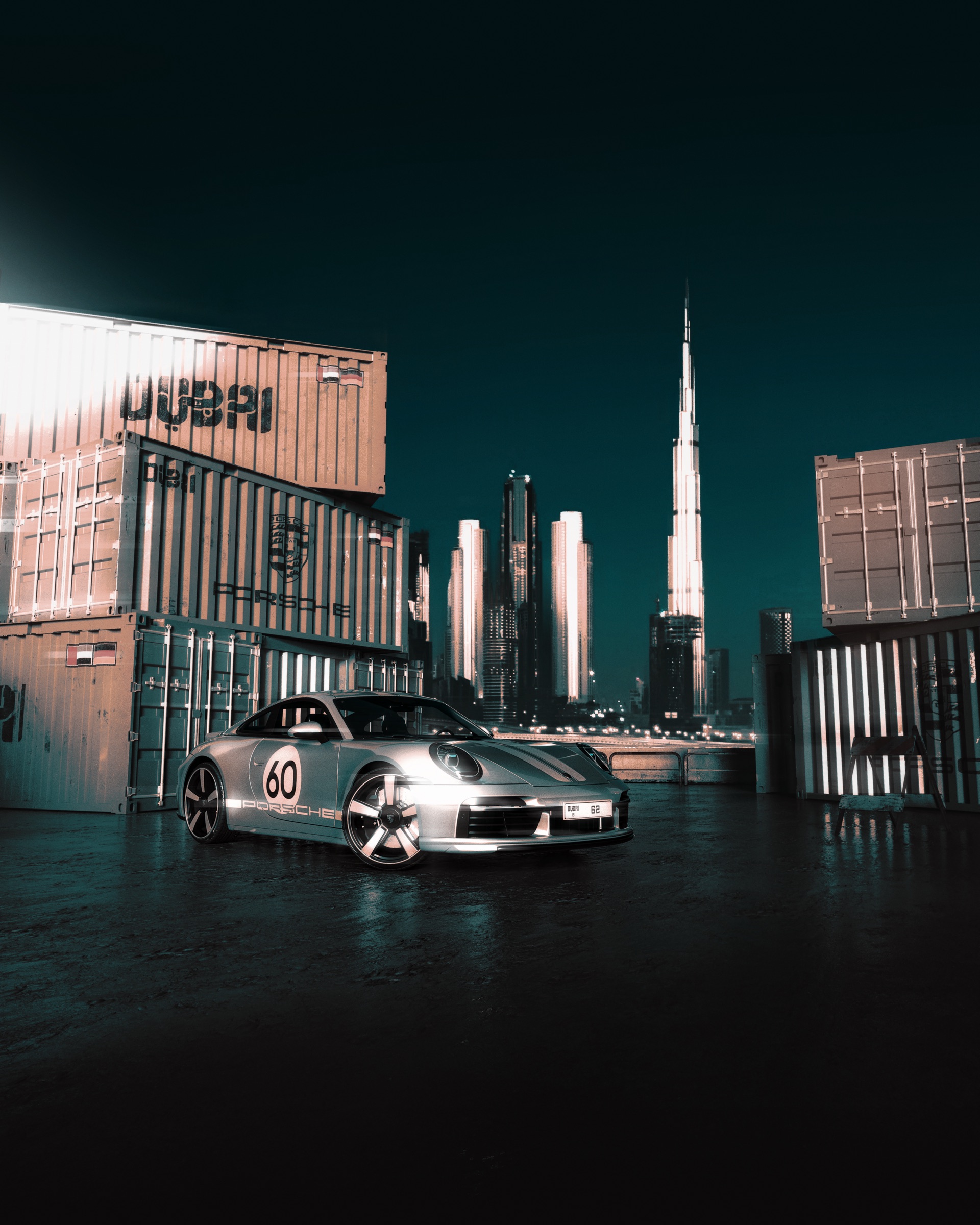 Porsche photographed against the Dubai skyline