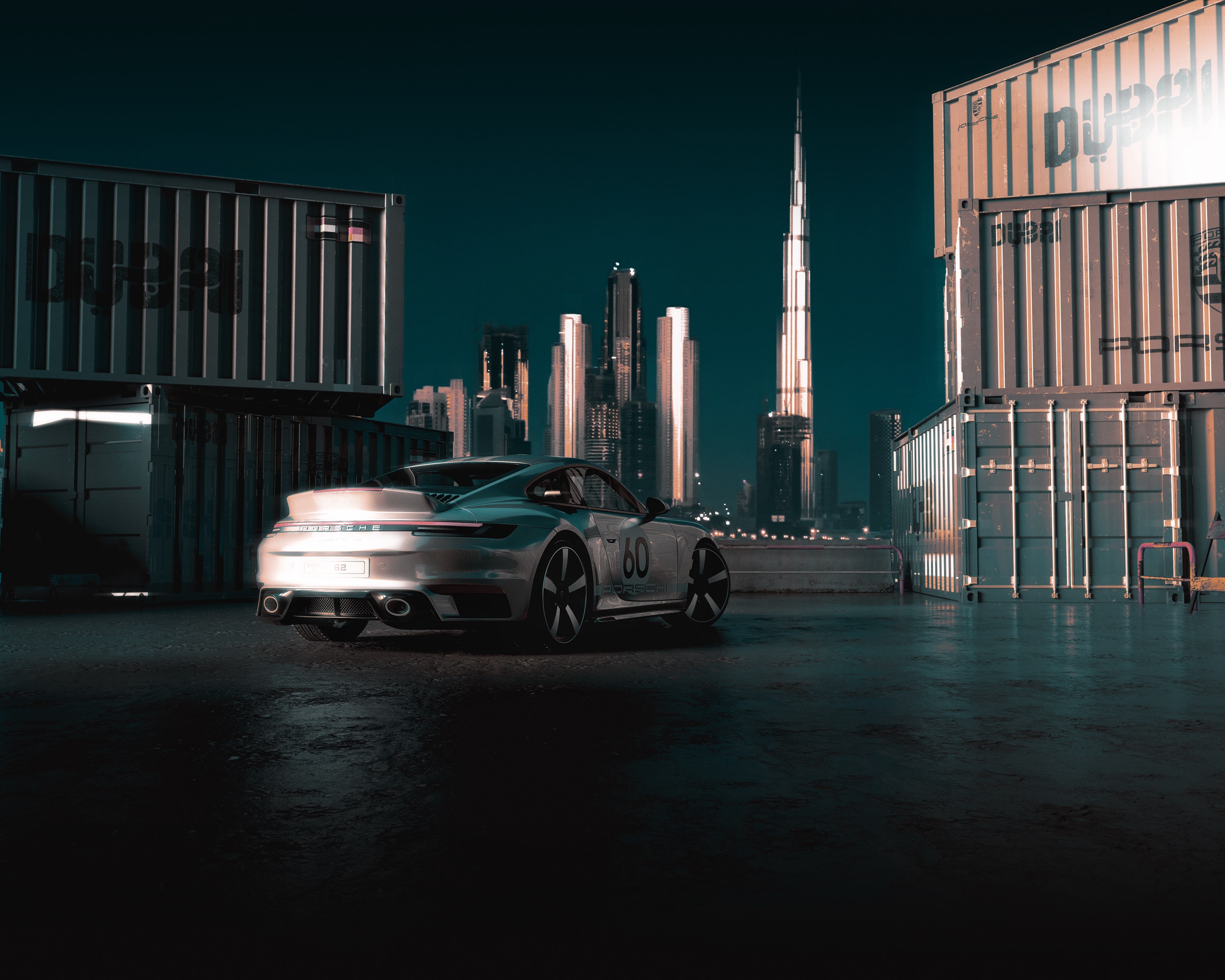 Porsche 911 rear angle with Burj Khalifa skyline