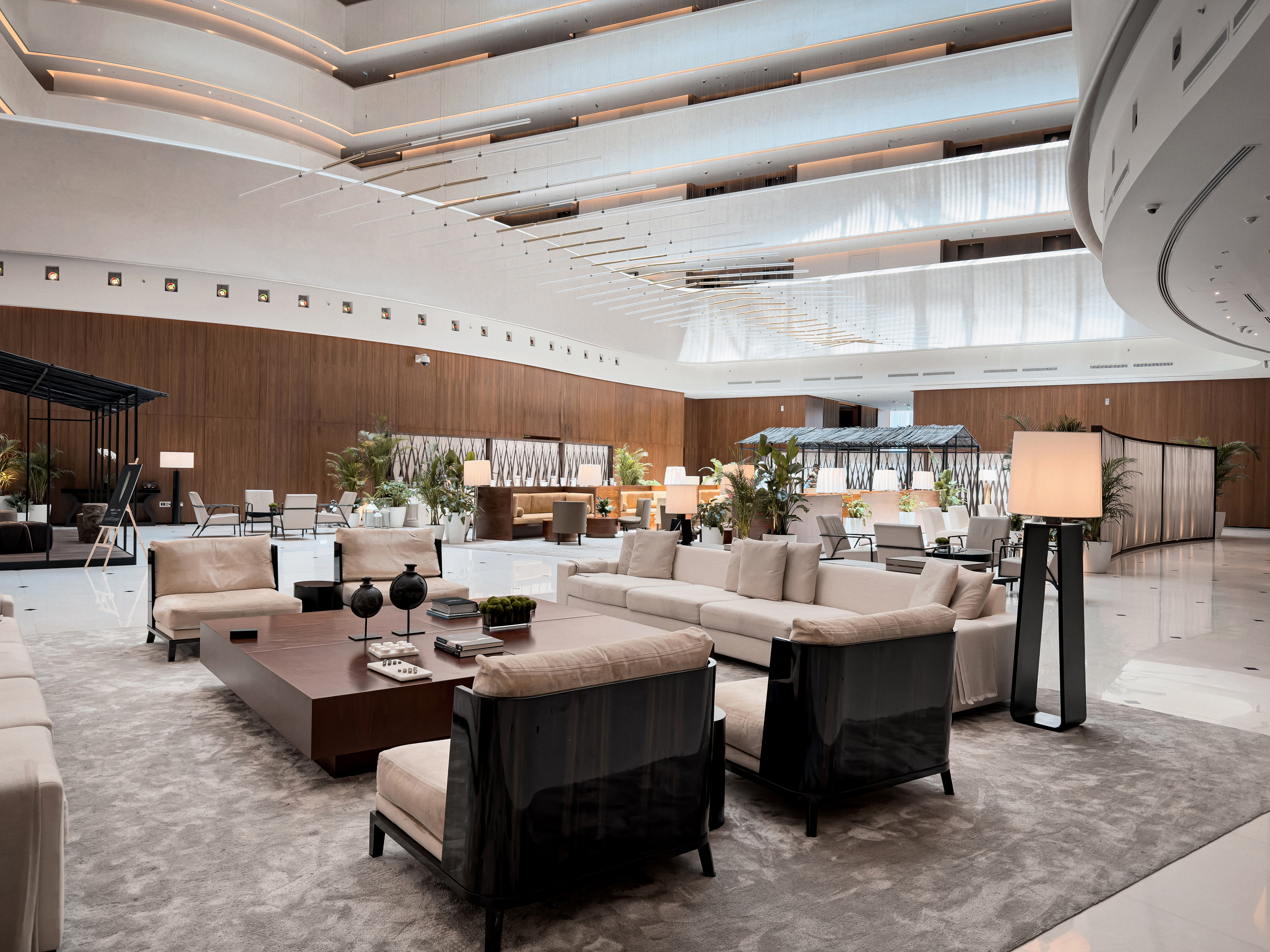 Meeting room configured for a corporate gathering.
